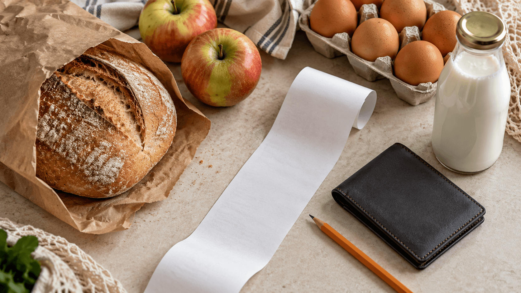 Продукты, бумажный чек и кошелёк на светлом кухонном столе